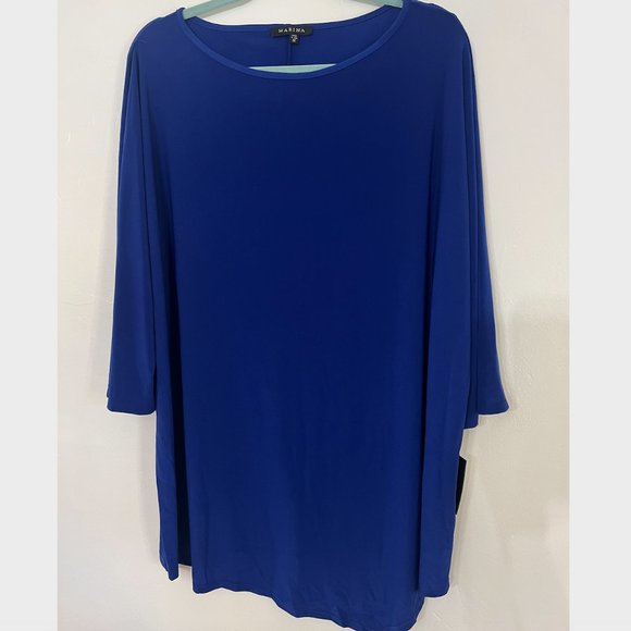 MARINA Stretch Asymmetrical Hem 3/4 Split Sleeve Cobalt Blue Tunic Top Size 1X - Picture 1 of 6